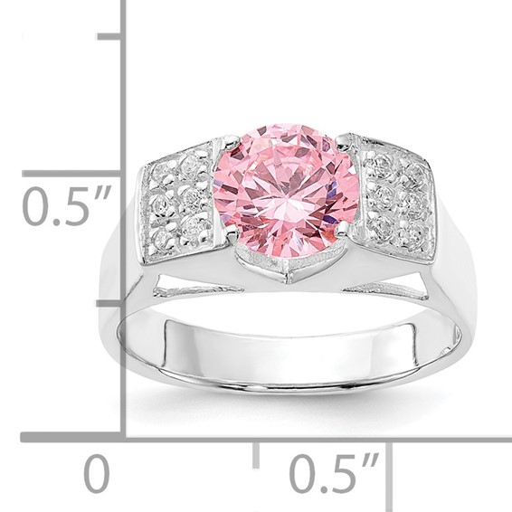 Sterling Silver Pink Round w/Pavé Sides CZ Ring