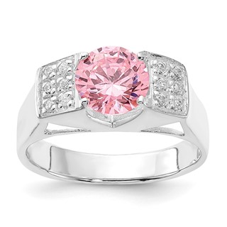 Sterling Silver Pink Round w/Pavé Sides CZ Ring