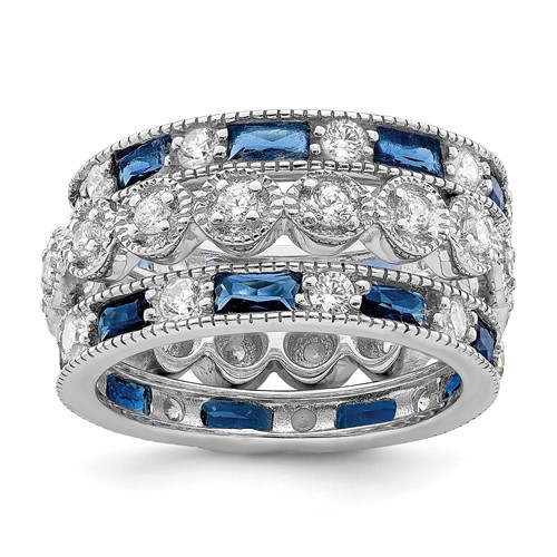 Sterling Silver Rhod-pltd Triple Band Blue White Clear Circle Center Ring