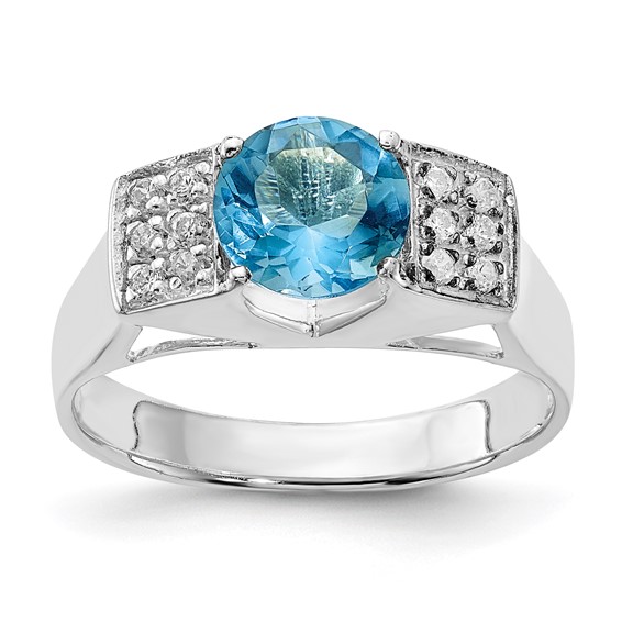 Sterling Silver Light Blue Round w/Pavé Sides CZ Ring