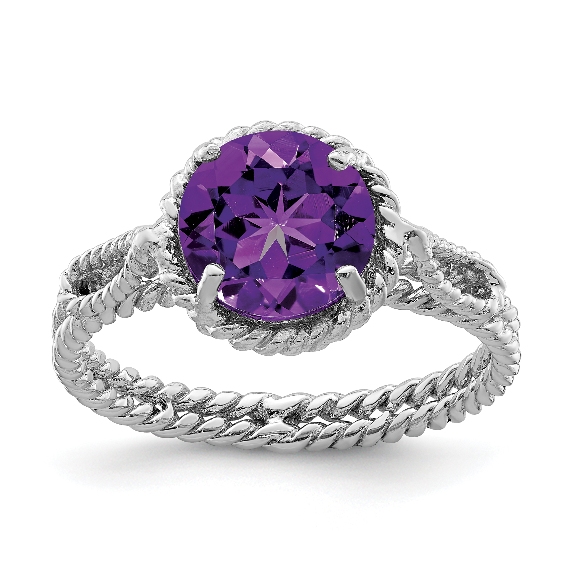 Sterling Silver Rhodium-plated Amethyst Twisted Circle Ring (QR4421-8)