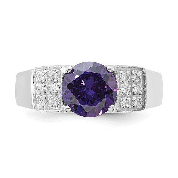 Sterling Silver Purple Round w/Pavé Sides CZ Ring