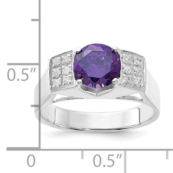 Sterling Silver Purple Round w/Pavé Sides CZ Ring