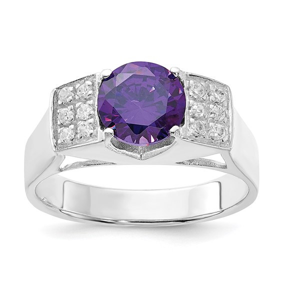Sterling Silver Purple Round w/Pavé Sides CZ Ring
