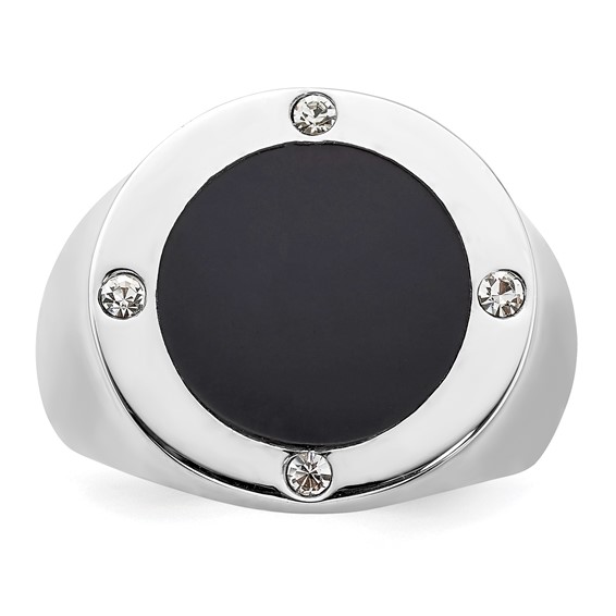Sterling Silver Rhodium Plated Black Simulated Onyx & CZ Ring