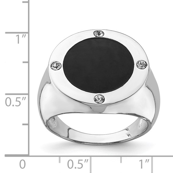 Sterling Silver Rhodium Plated Black Simulated Onyx & CZ Ring
