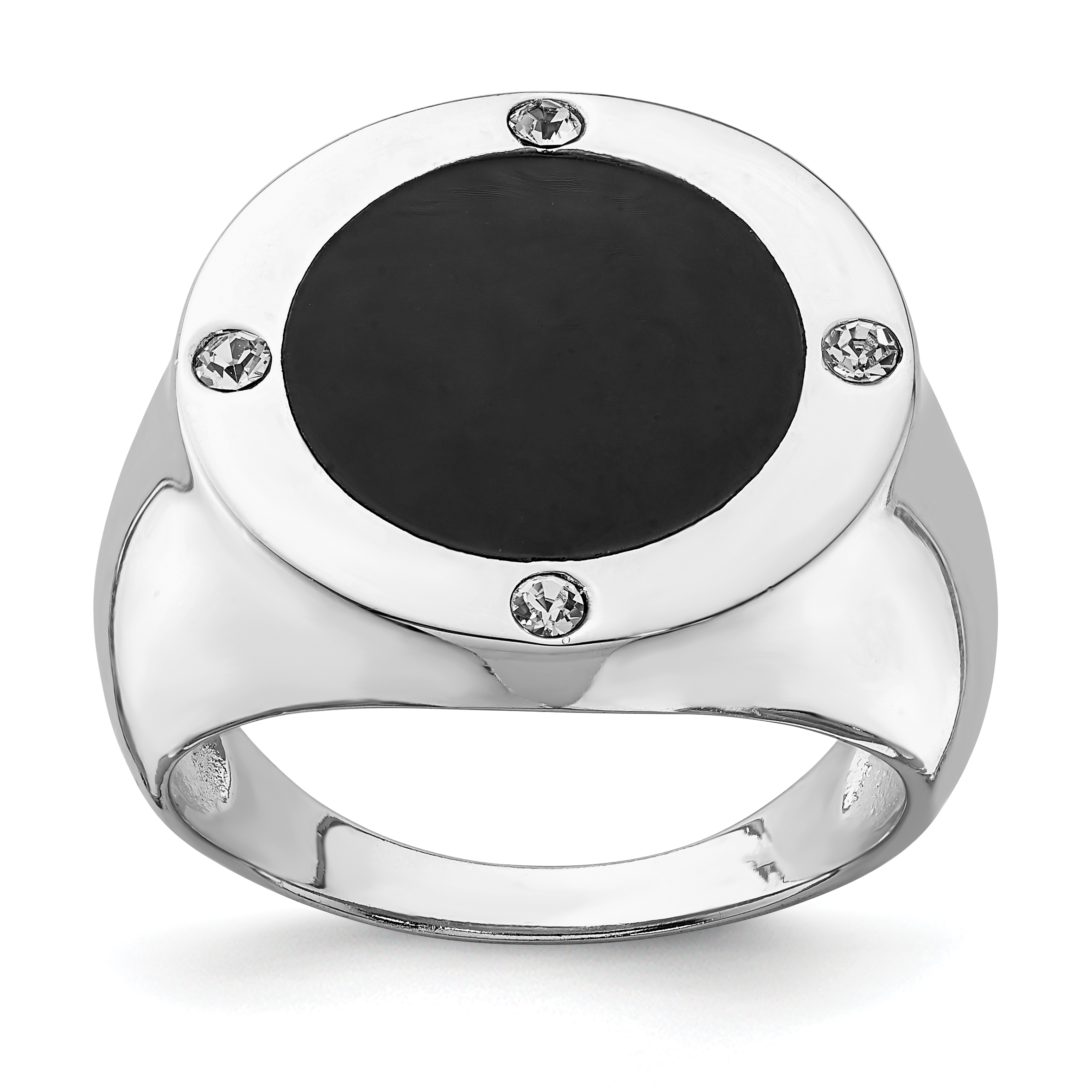 Sterling Silver Rhodium Plated Black Simulated Onyx & CZ Ring (QR4440-10)