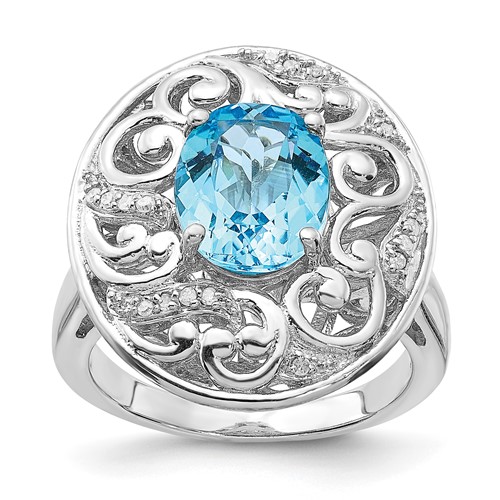Sterling Silver Rhodium Blue Topaz and Diam. Ring