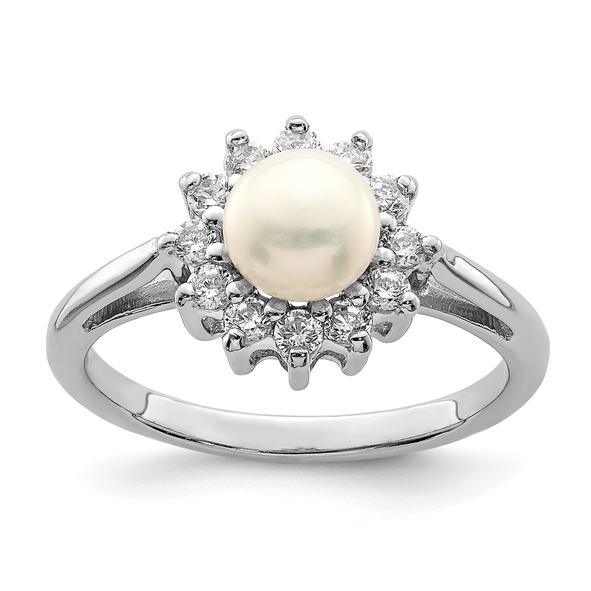 Sterling Silver Rhodium Plated CZ and FW Cultured Pearl Ring (QR4488-7)