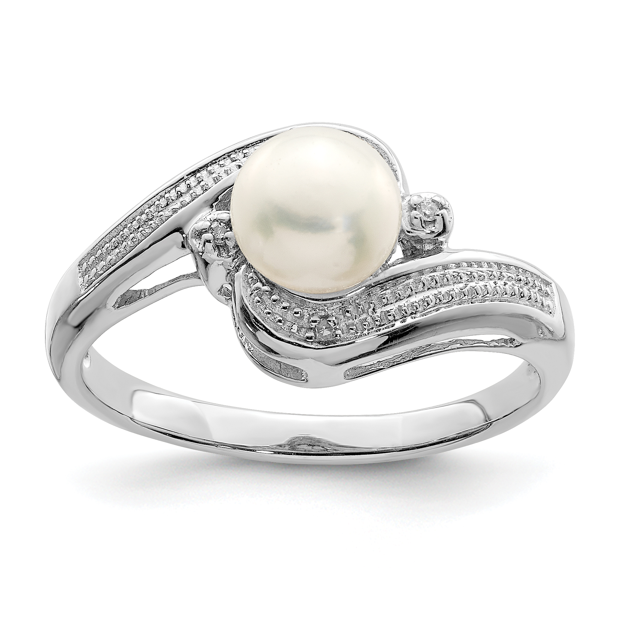 Sterling Silver Rhodium Plated Diamond and FW Cultured Pearl Ring (QR4491-8)