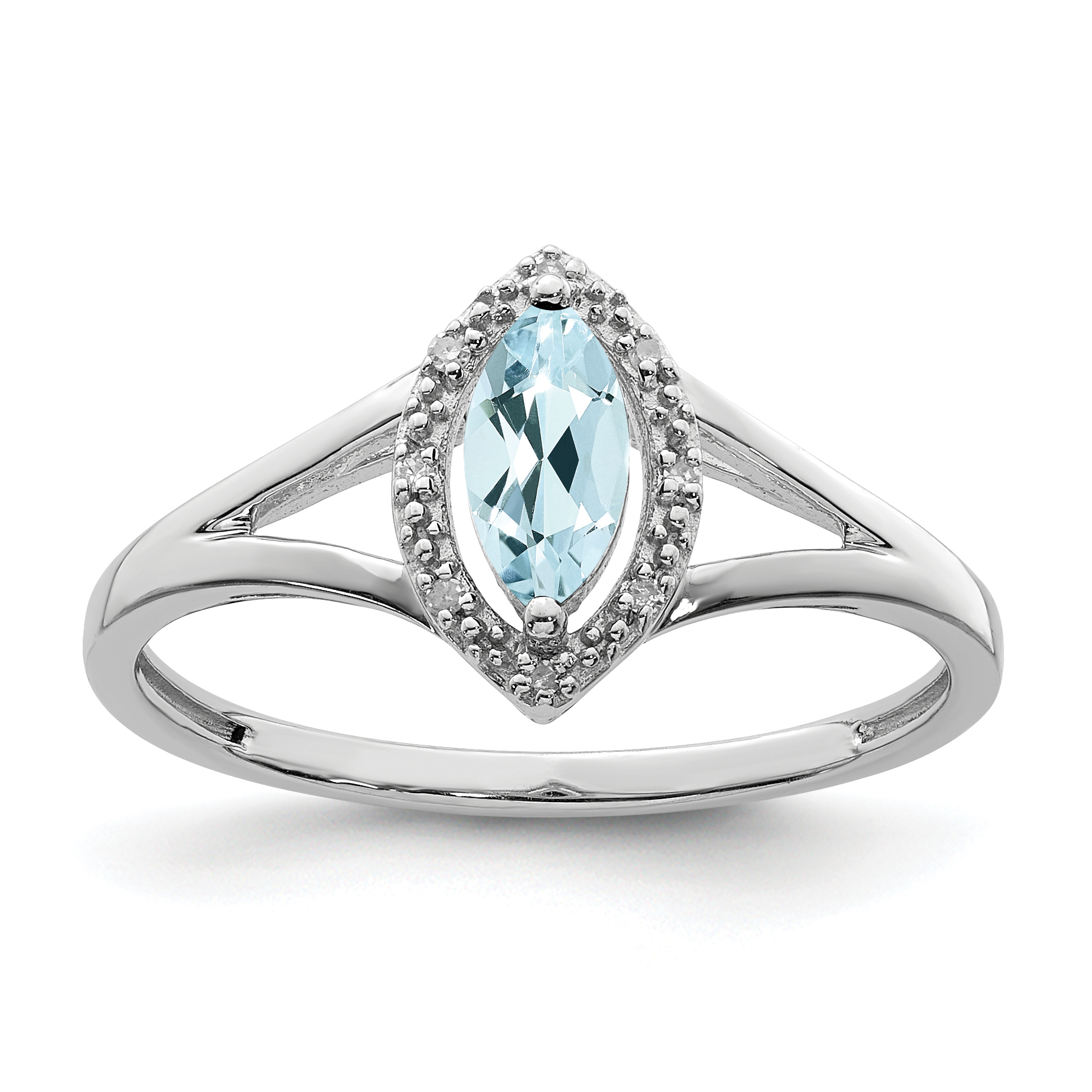 Sterling Silver Rhodium Plated Diamond & Aquamarine Marquise Ring (QR4499AQ-7)
