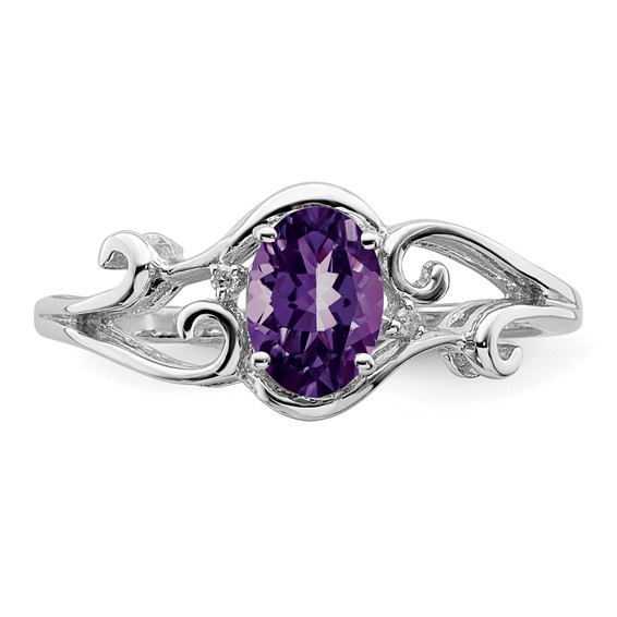 Sterling Silver Rhodium Plated Diamond and Gemstone Oval Ring