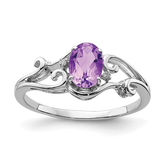 Sterling Silver Rhodium Plated Diamond and Gemstone Oval Ring