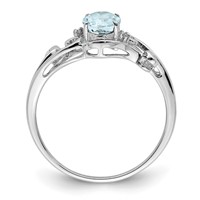 Sterling Silver Rhodium Plated Diamond & Aquamarine Oval Ring view 2