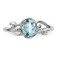 Sterling Silver Rhodium Plated Diamond & Aquamarine Oval Ring view 5