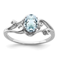 Sterling Silver Rhodium Plated Diamond & Aquamarine Oval Ring view 1