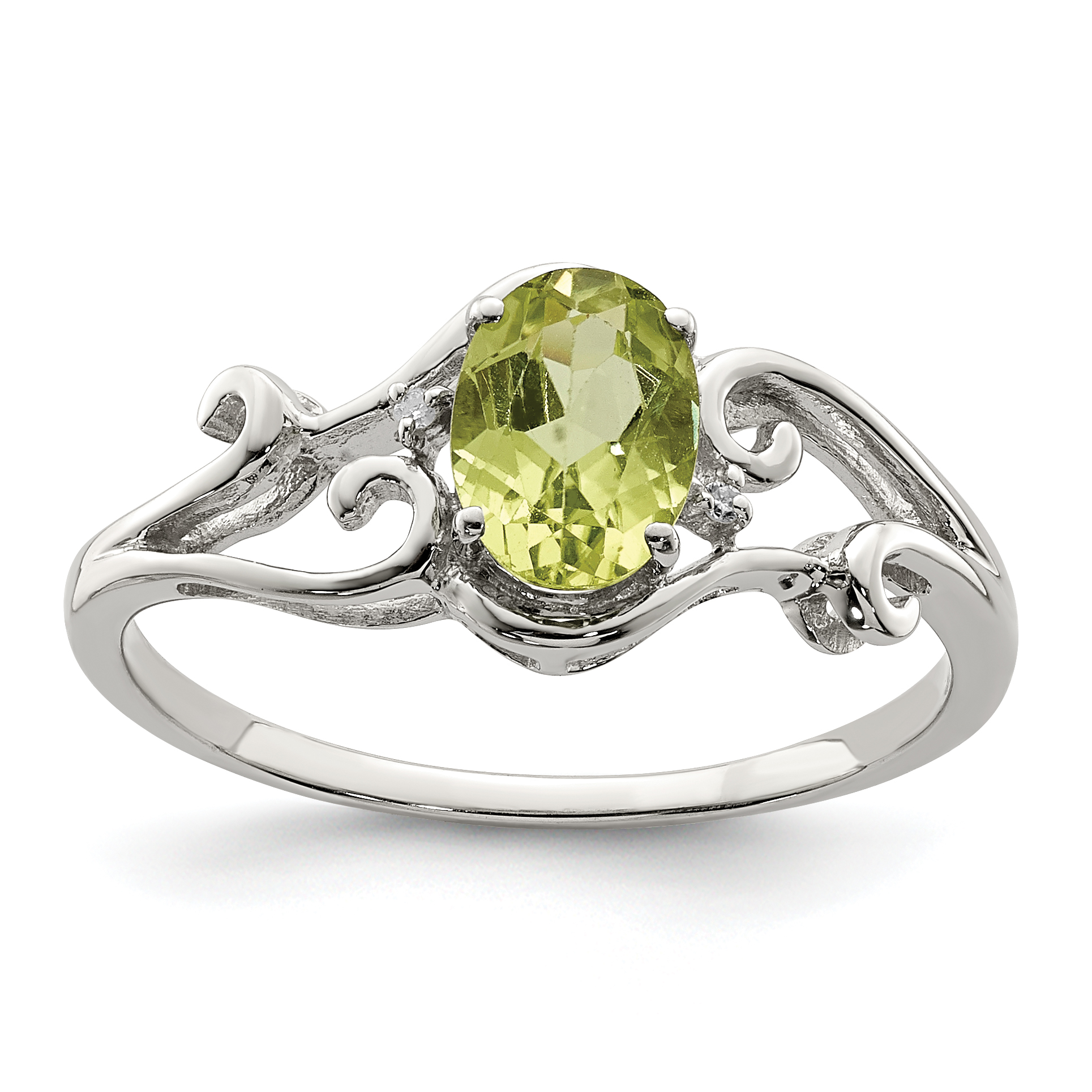 Silver Rhodium Plated Diamond and Peridot Oval Ring QR4500PE