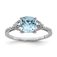 Sterling Silver Rhodium Plated Diamond and Aquamarine Ring view 1