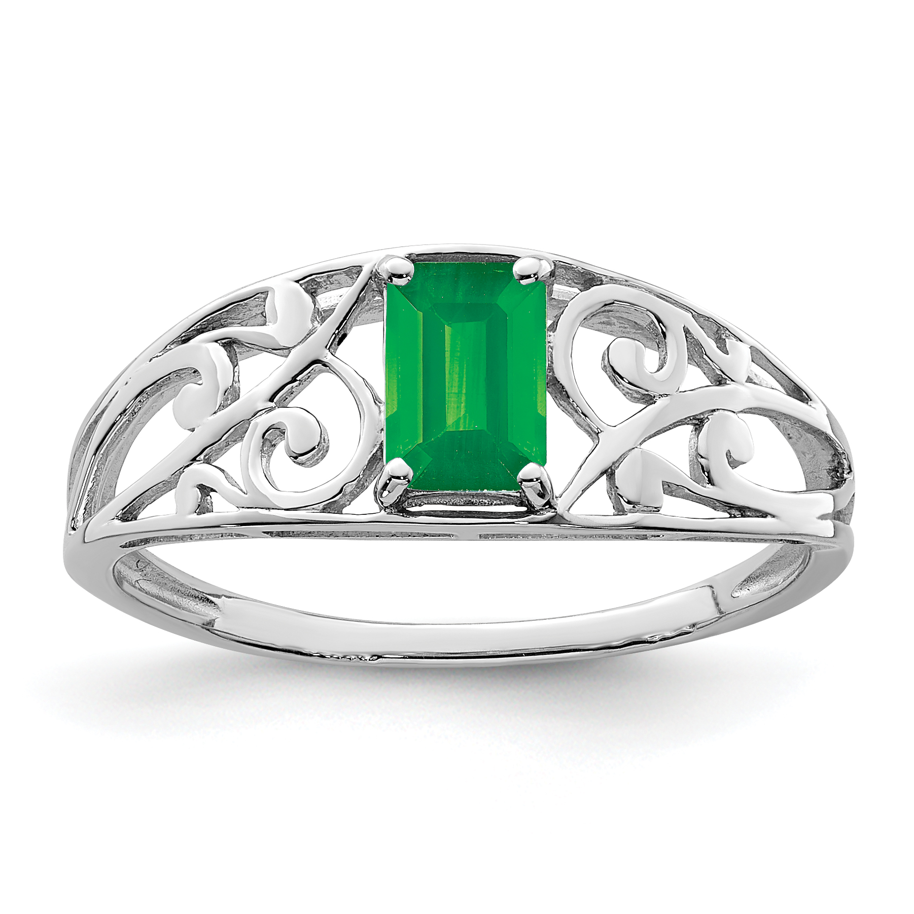 Sterling Silver Rhodium Plated Emerald Ring (QR4503E-6)