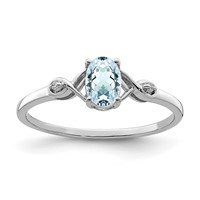 Sterling Silver Rhodium Plated Diamond and Aquamarine Oval Ring view 1