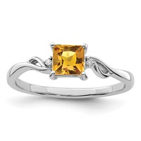 Sterling Silver Rhodium Plated Diamond & Citrine Square Ring view 1