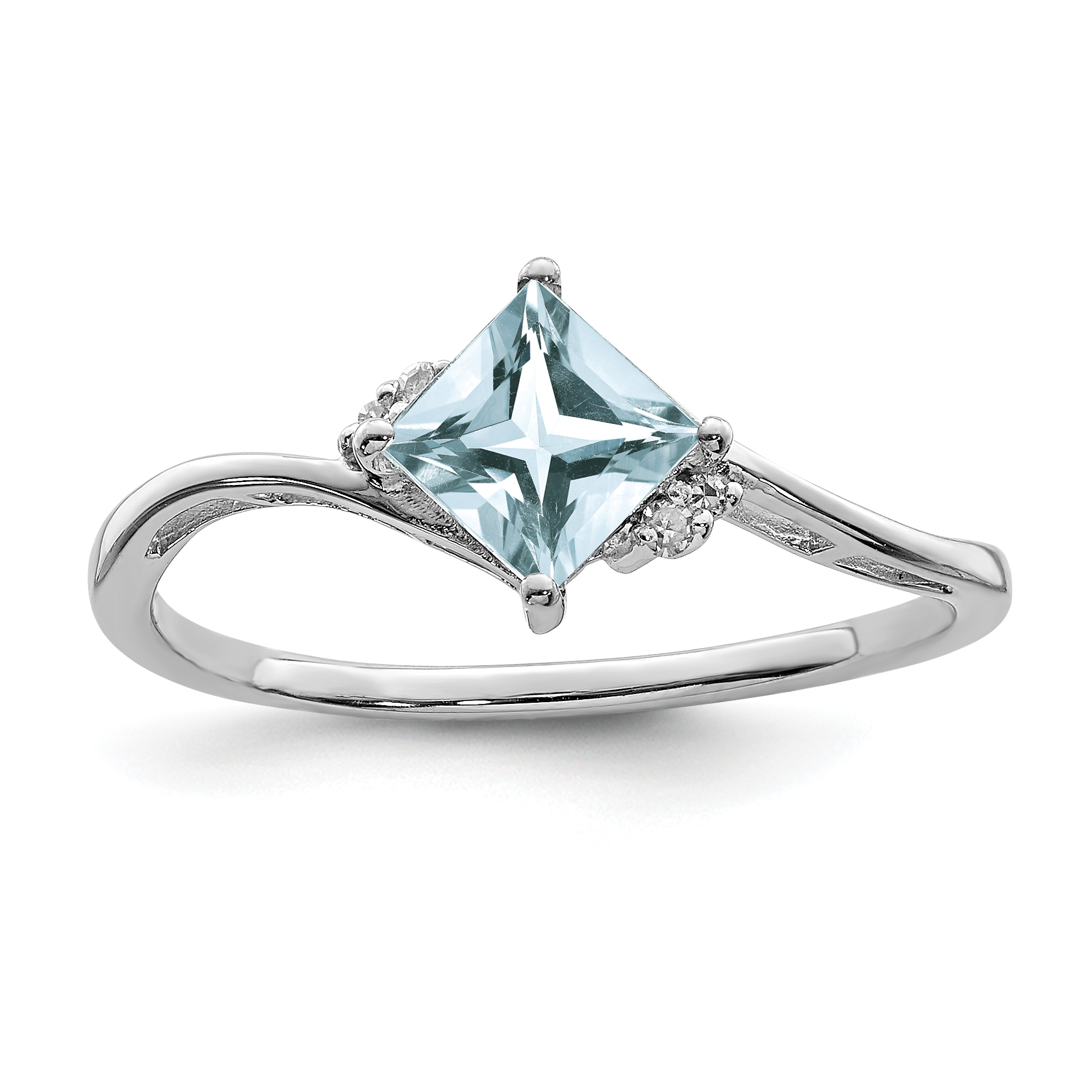 Sterling Silver Rhodium Plated Diamond & Aquamarine Square Ring (QR4510AQ-6)