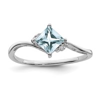 Sterling Silver Rhodium Plated Diamond & Aquamarine Square Ring view 1