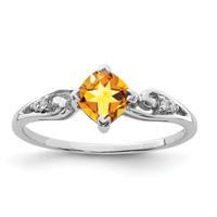 Sterling Silver Rhodium Plated Diamond and Citrine Cushion Ring view 1