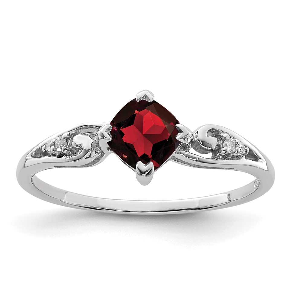 Sterling Silver Rhodium Plated Diamond and Garnet Cushion Ring (QR4513GA-6)