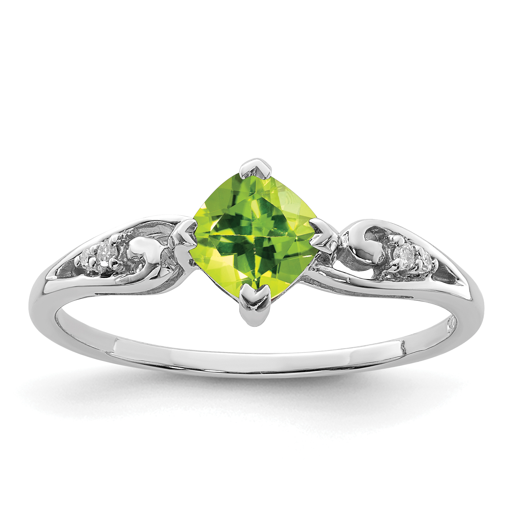 Sterling Silver Rhodium Plated Diamond and Peridot Cushion Ring (QR4513PE-6)