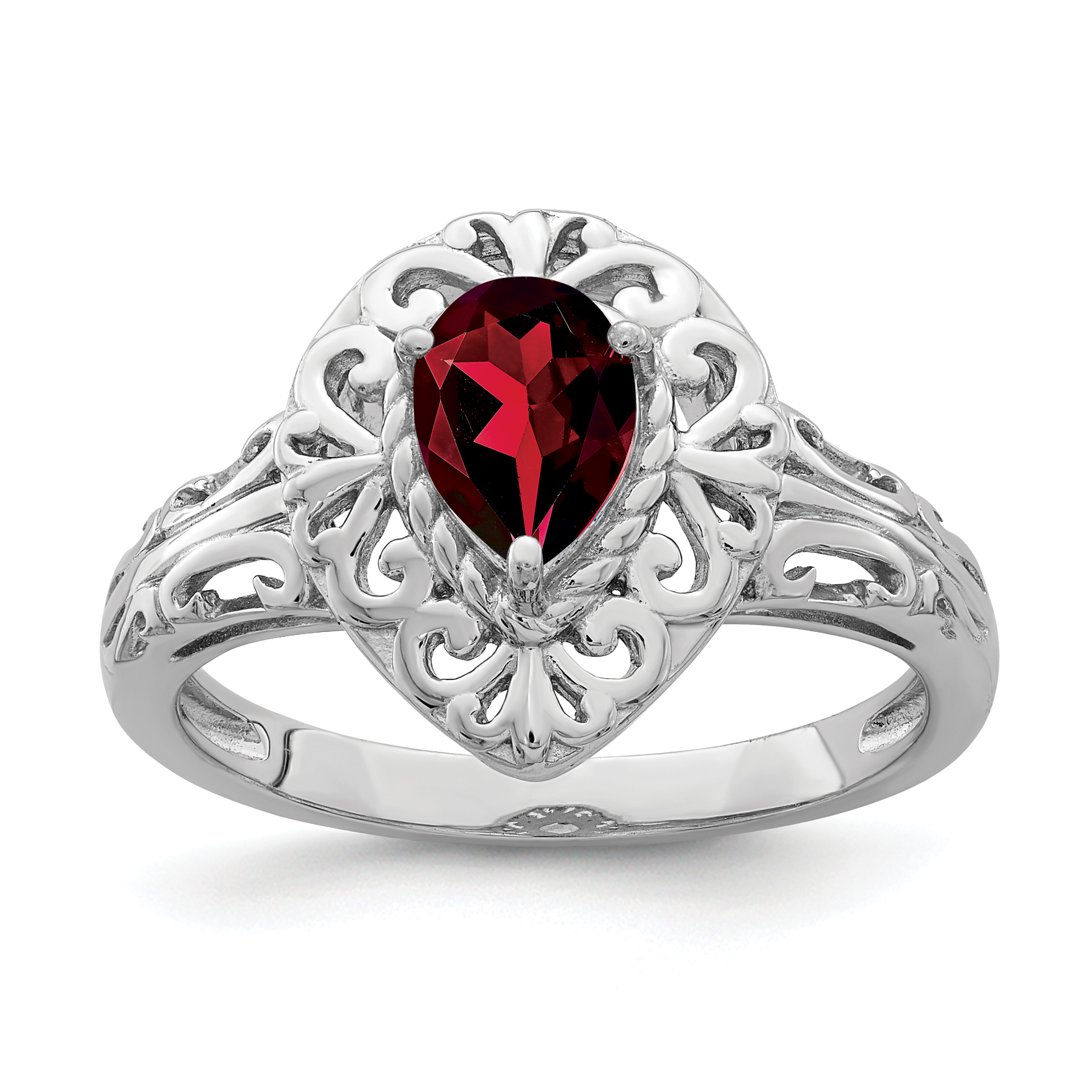 Sterling Silver Rhodium Plated Garnet Teardrop Ring (QR4515GA-6)