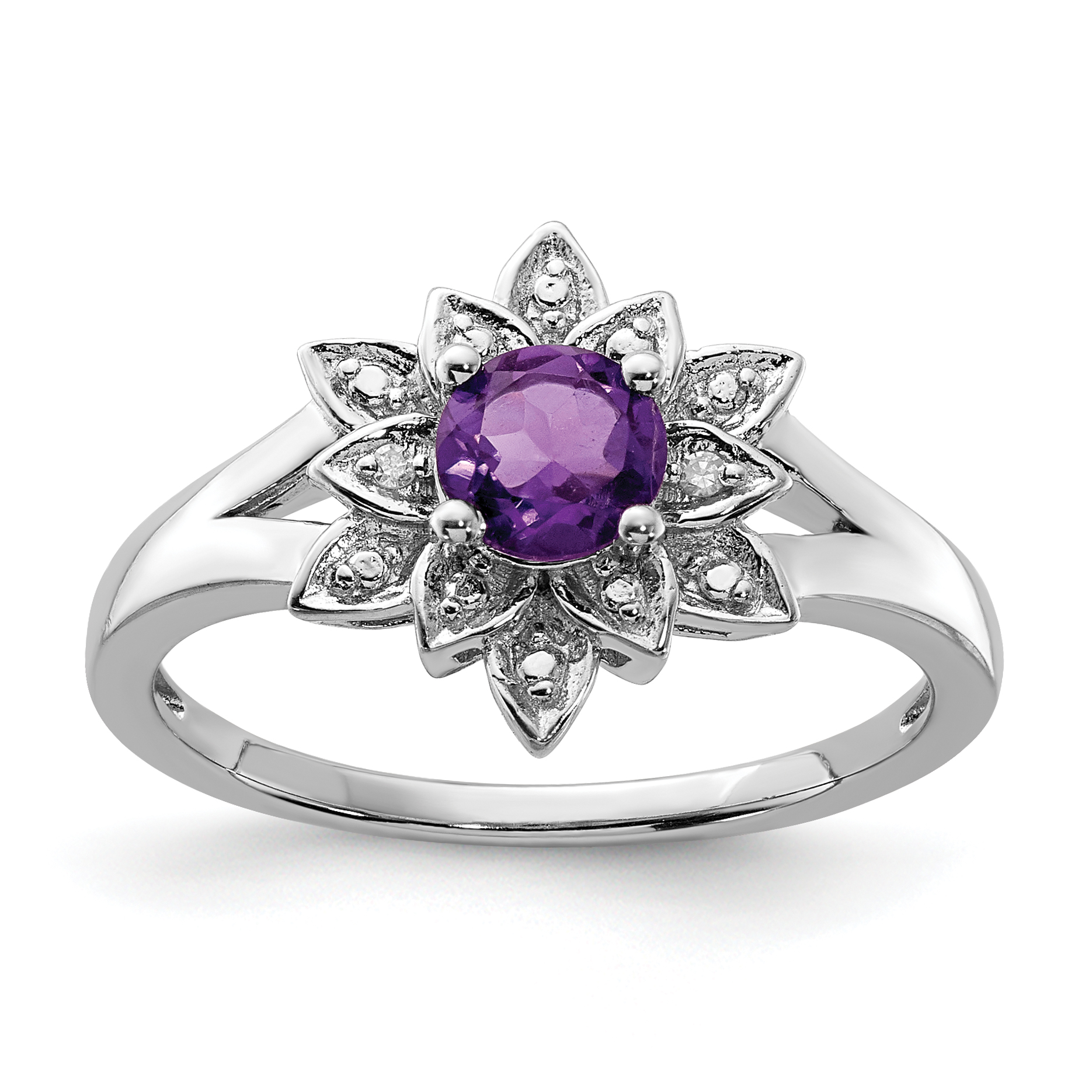 Sterling Silver Rhodium-plated Diamond & Amethyst Ring (QR4533AM-7)