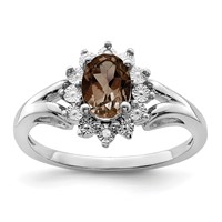Sterling Silver Rhodium Diam. & Smoky Quartz Ring view 1