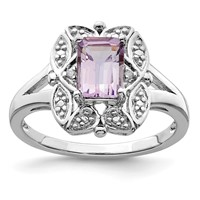 Sterling Silver Rhodium Diam. & Pink Quartz Ring view 1
