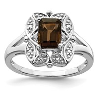 Sterling Silver Rhodium Diam. & Smoky Quartz Ring view 1