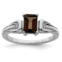 Sterling Silver Rhodium Diam. & Smoky Quartz Ring view 1