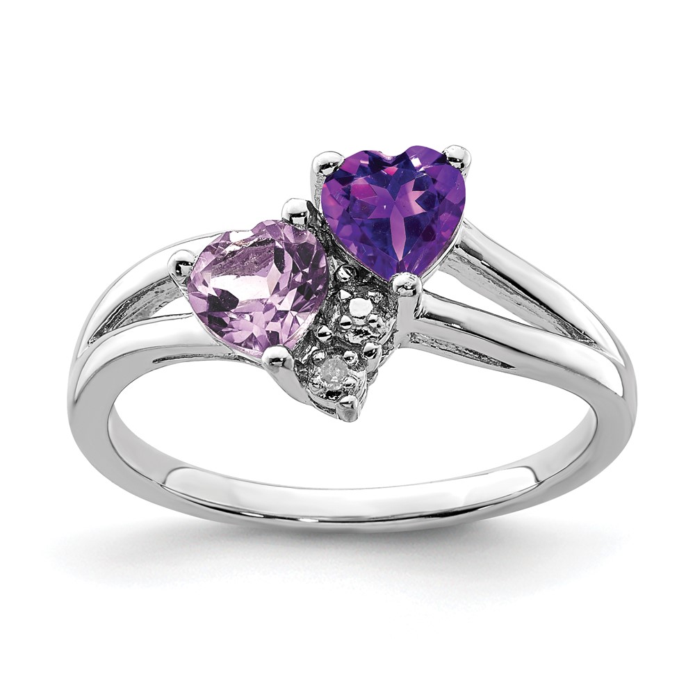 Sterling Silver Rhodium-plated Amethyst & Pink Quartz & Diamond Ring (QR4570PQ-9)