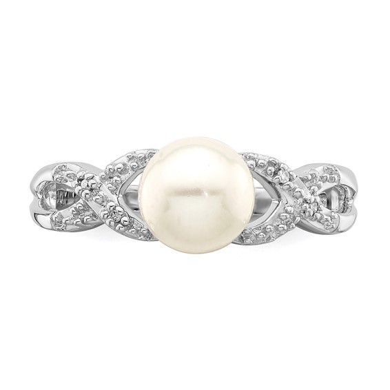 Sterling Silver Rhodium Plated Diamond and FW Cultured Pearl Ring