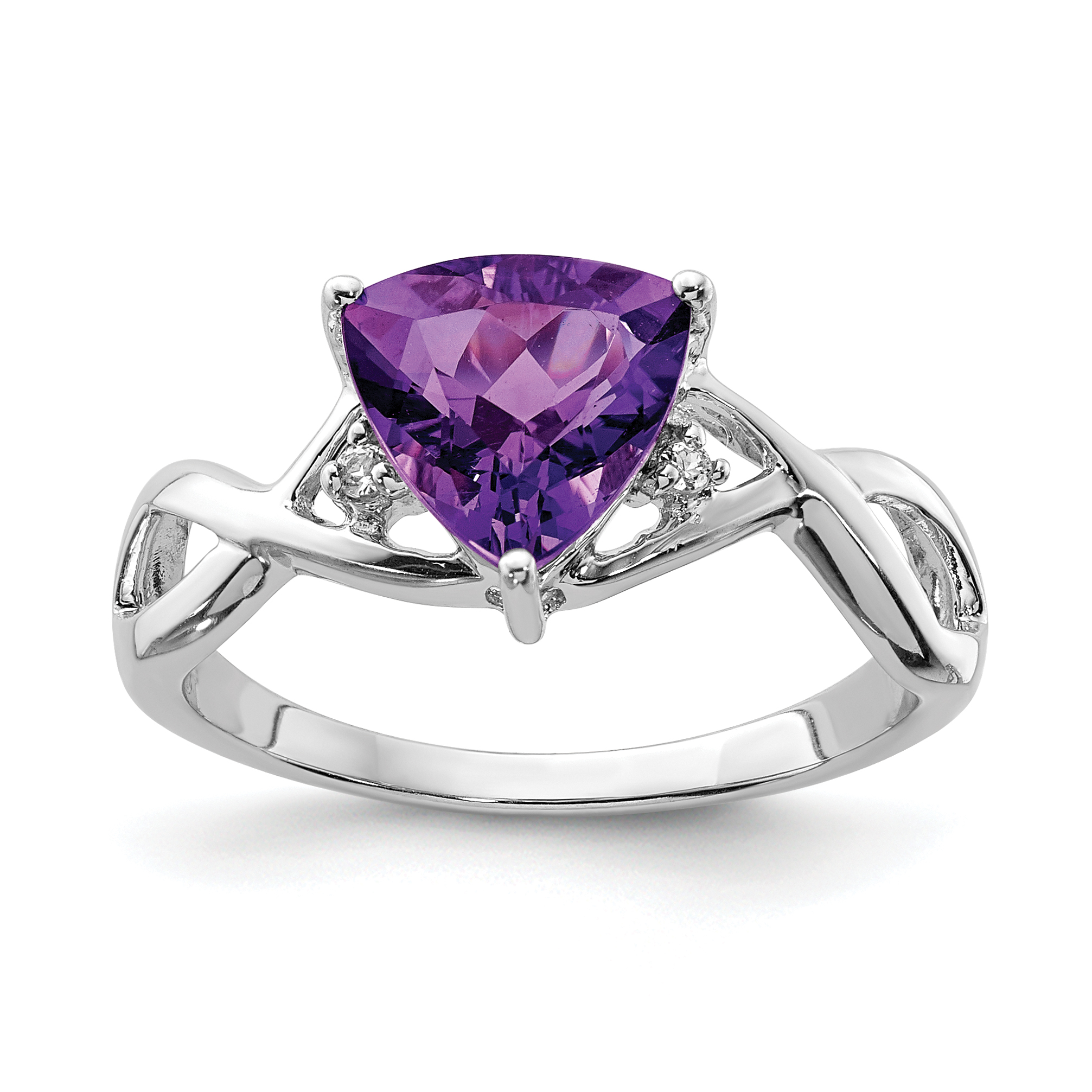 Sterling Silver Rhodium Plated Amethyst White Topaz Trillion Ring (QR4630AM-6)