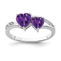 Sterling Silver Rhodium Plated Diamond and Amethyst Heart Ring view 1