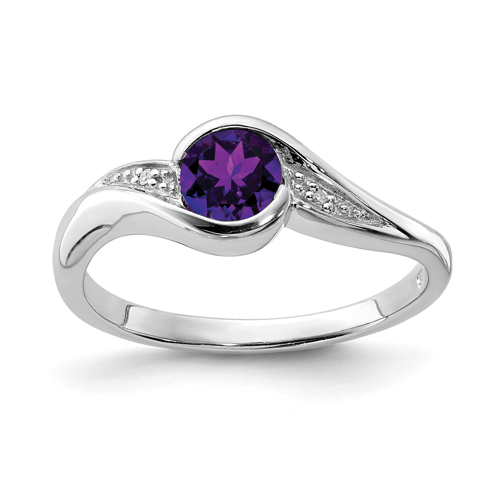 Sterling Silver Rhodium Plated Diamond and Amethyst Round Ring (QR4635AM-7)