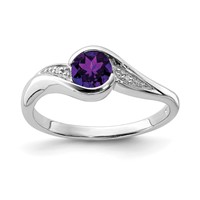 Sterling Silver Rhodium Plated Diamond and Amethyst Round Ring view 1