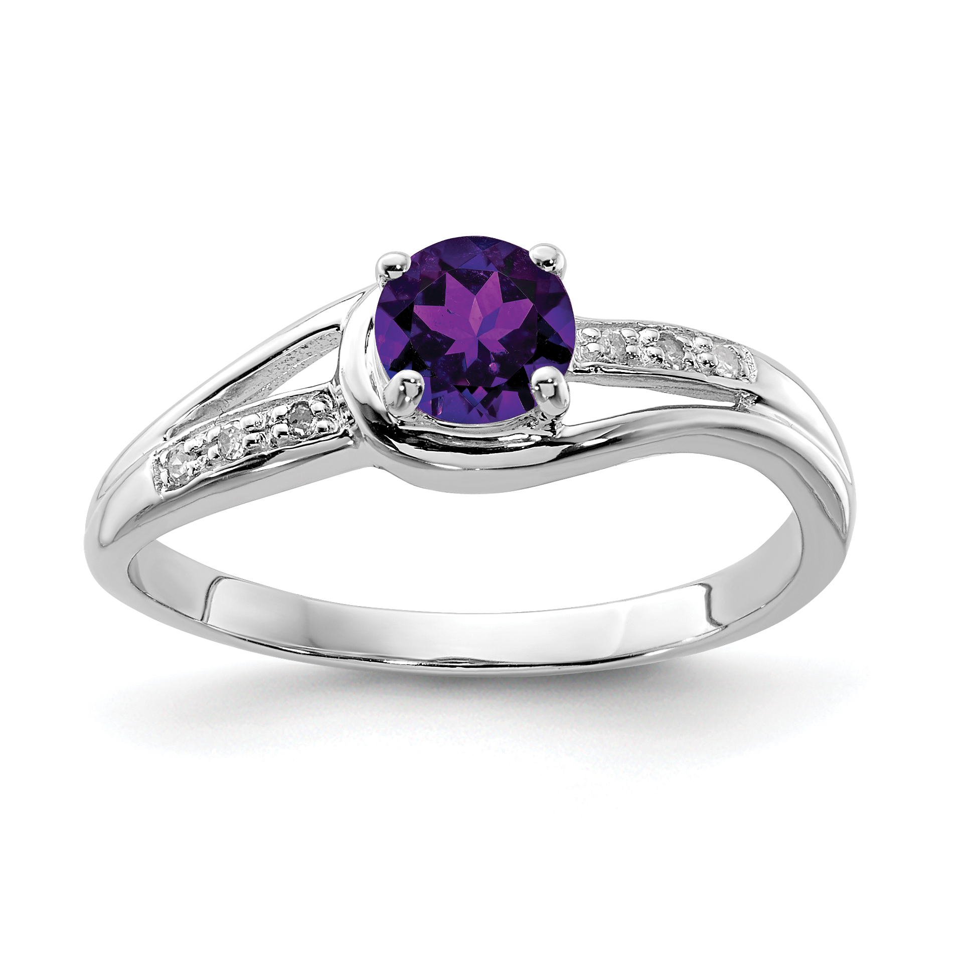 Sterling Silver Rhodium Plated Diamond and Amethyst Round Ring (QR4636AM-6)