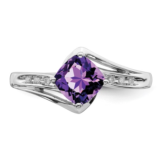 Sterling Silver Rhodium Plated Diamond and Amethyst Square Ring