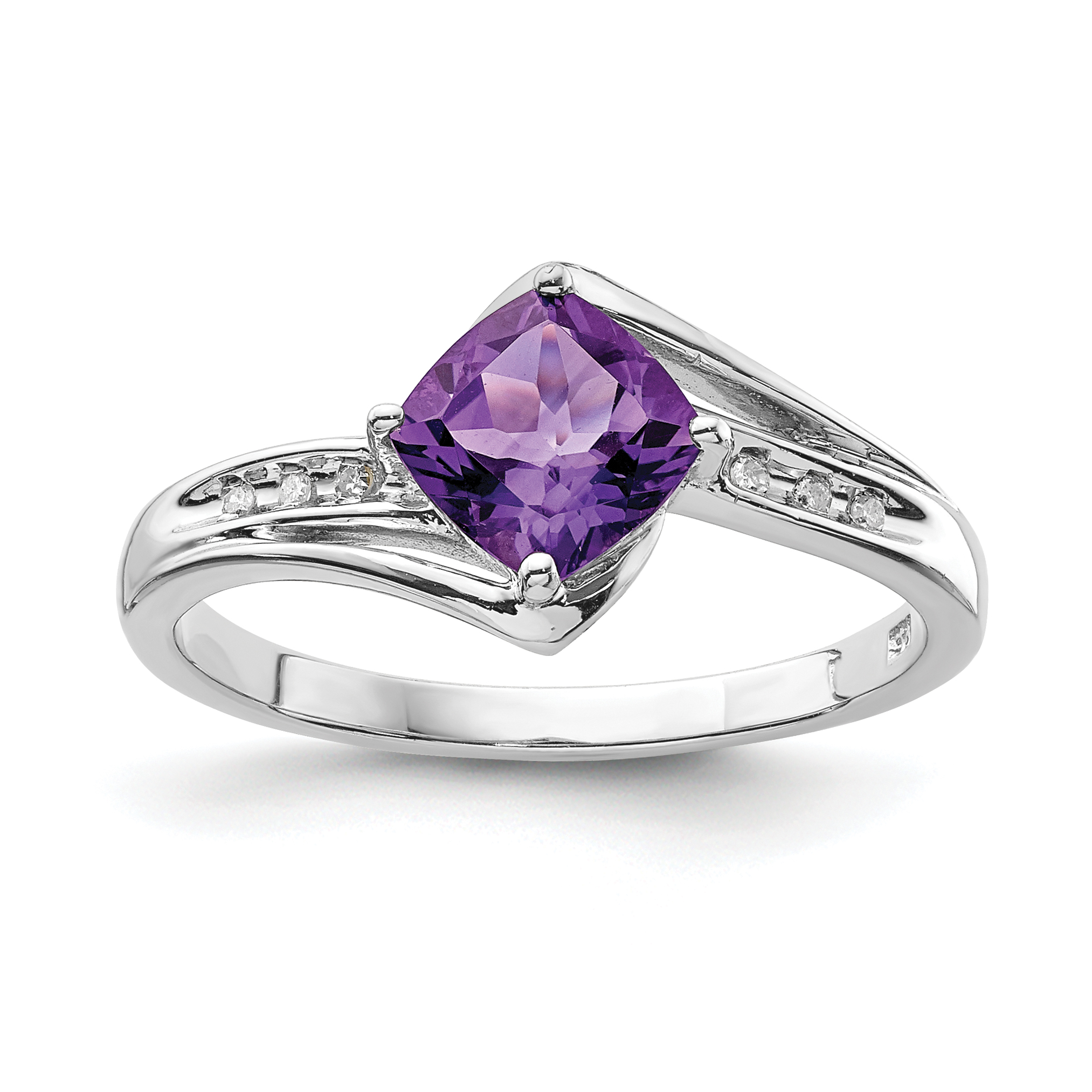 Sterling Silver Rhodium Plated Diamond and Amethyst Square Ring (QR4639AM-6)