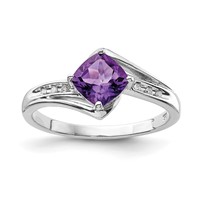 Sterling Silver Rhodium Plated Diamond and Amethyst Square Ring view 1