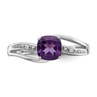 Sterling Silver Rhodium Plated Diamond and Amethyst Square Ring view 5