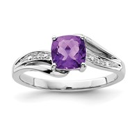 Sterling Silver Rhodium Plated Diamond and Amethyst Square Ring view 1