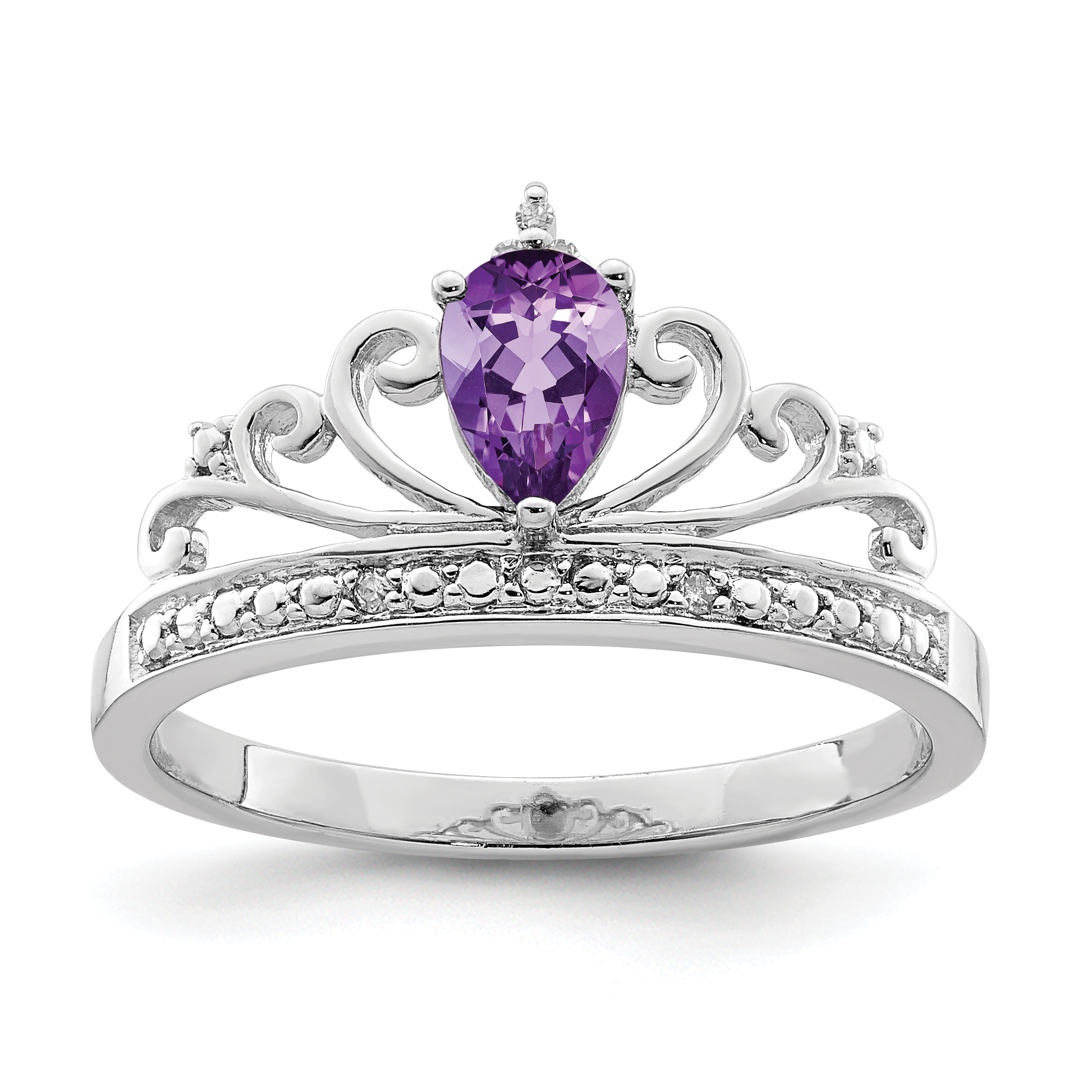 Sterling Silver Rhodium Plated Diamond & Amethyst Teardrop Ring (QR4643AM-7)