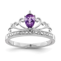 Sterling Silver Rhodium Plated Diamond & Amethyst Teardrop Ring view 1